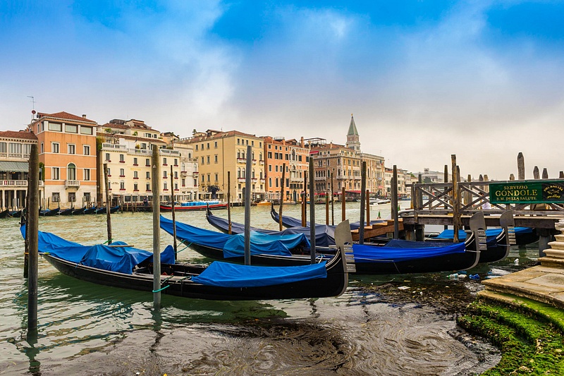 Gondolas awaiting tourists on the Grand Canal, Venice