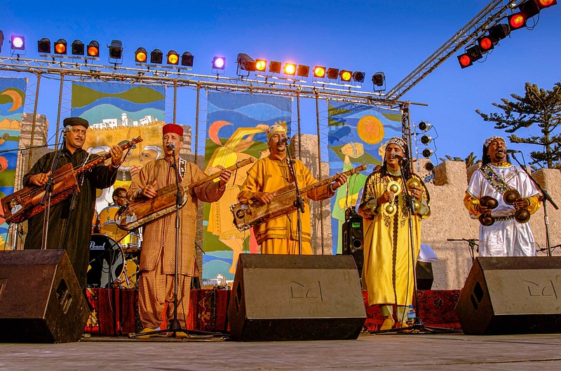 Musicians performing at the Gnaoua World Music Festival,  Essaouira, Morocco