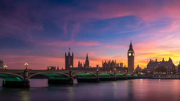 Sunset Over Westminster Bridge with UK-Parliament Elizabeth Tower and Big Ben in London