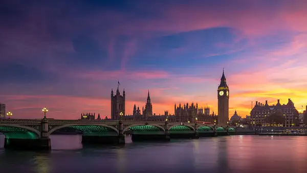 Sunset Over Westminster Bridge with UK-Parliament...