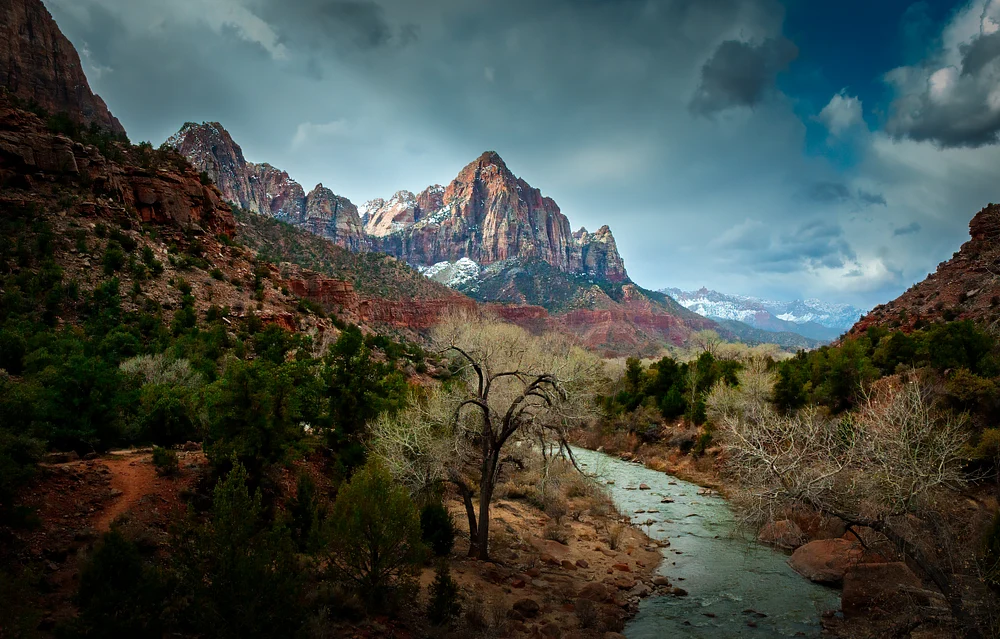 A peaceful view of Virgin River meandering through Zion National Park with towering rock formations.