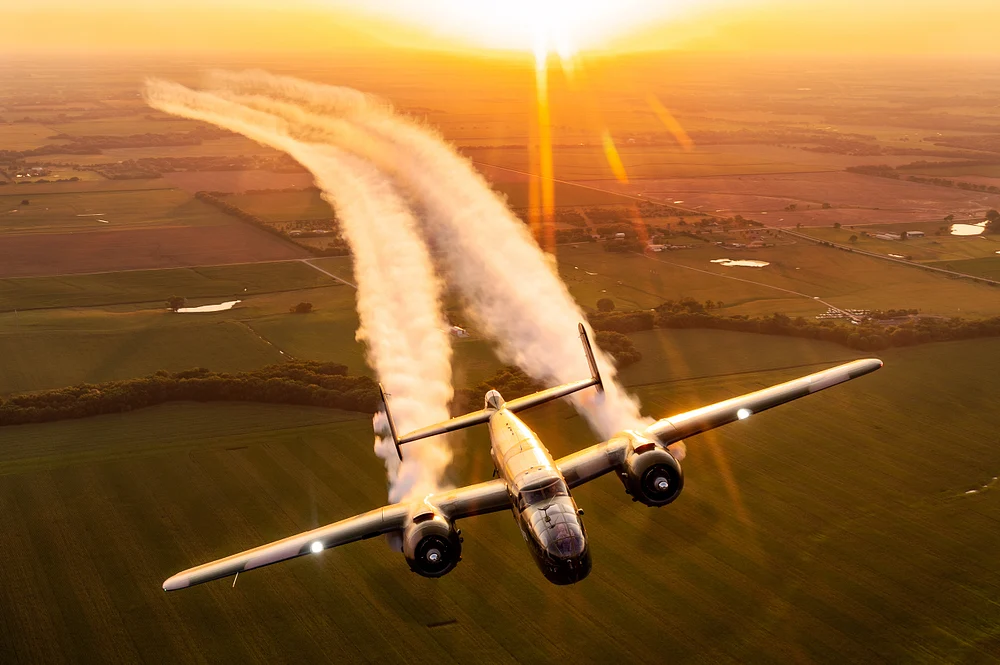 Timeless B-25 Aircraft Soaring at Sunset