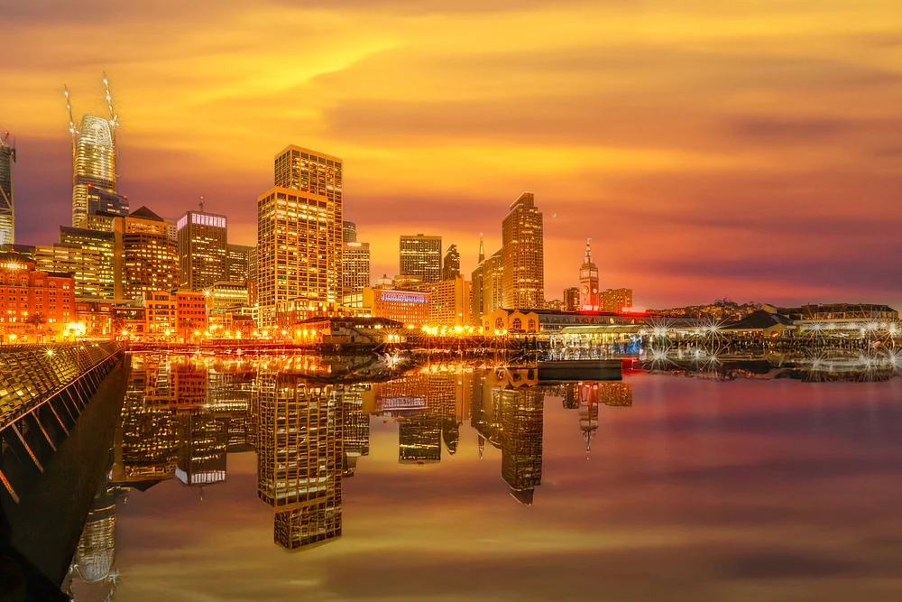 Stunning San Francisco Skyline at Sunset with Ferry Building Clock Tower