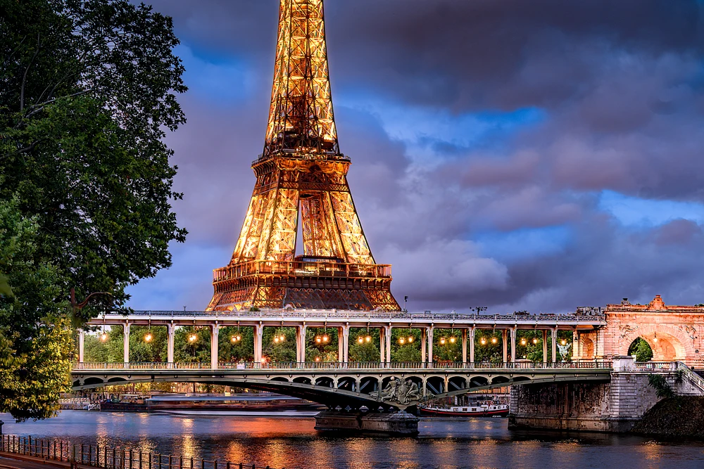 Illuminated Eiffel Tower at Bir-Hakeim Bridge, Paris