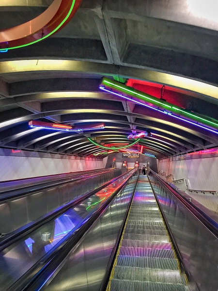 Vibrant Subway Escalator Illuminated by Neon Lights - New York City - Hank Bishop Photography
