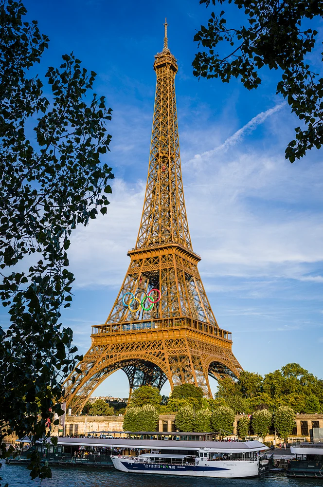 Eiffel Tower displaying Olympic Rings on a sunny day in Paris, framed by greenery.