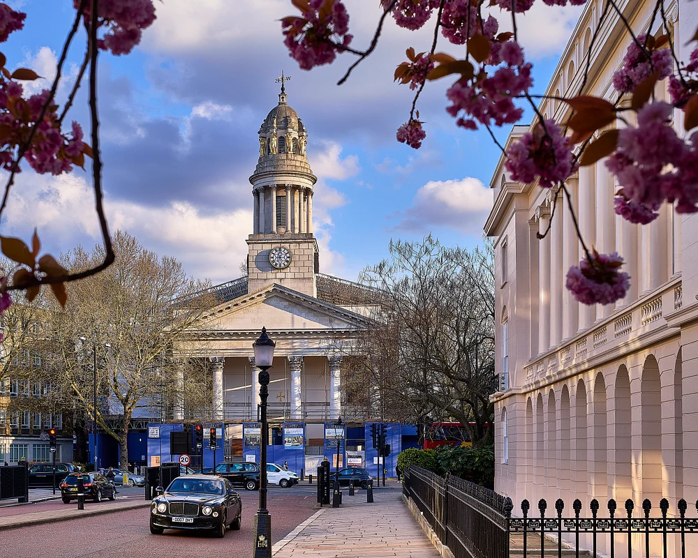 Charming View of Historic Church Framed by Blossoming Trees