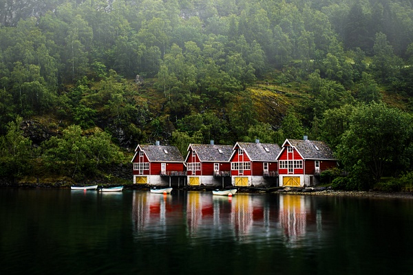 Misty Boathouses in Norway - Landscape - Bud James Photography