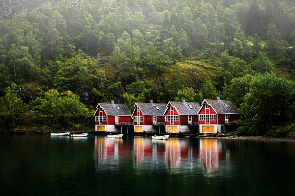 Red Boathouses Reflected on a Misty Norwegian Lake - Landscape - Bud James Photography