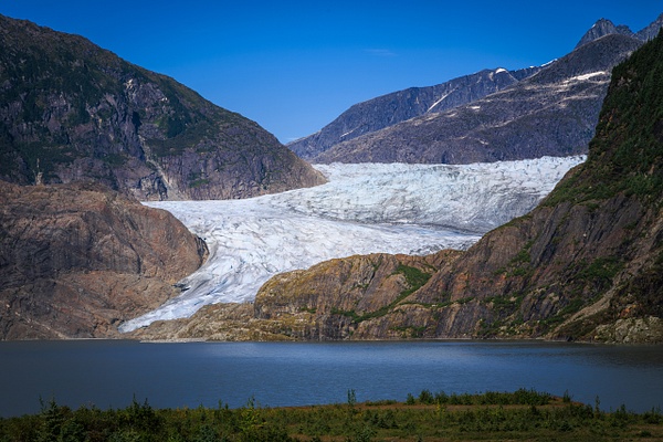 A horizontal fine art landscape photograph showcases the vast Mendenhall Glacier resting between rugged Alaskan mountain ranges. Deep cerulean blue ice highlights the intricate crevasses carving through the white glacier basin. Textured granite rock faces frame the ice fields above the calm blue waters of Mendenhall Lake. Dense green alpine forests fill the lower foreground of the wilderness vista under a soft overcast sky.