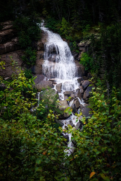 A wide, classical landscape view of the lower tier of Bridal Veil Falls at Mile 4 of the Klondike Highway in Alaska. The glacial water fans out wide and flows gracefully over a series of smooth, layered gray stone steps, creating a lace-like texture. The composition features immense depth, artfully framed through a soft, out-of-focus veil of green leaves in the immediate foreground.