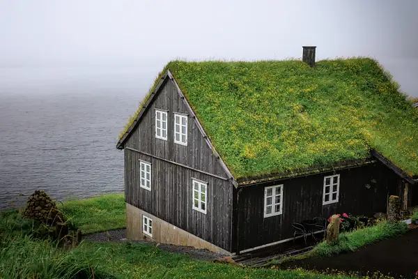 Hjallur Turf Cottage Above a Misty Faroe Inlet by...
