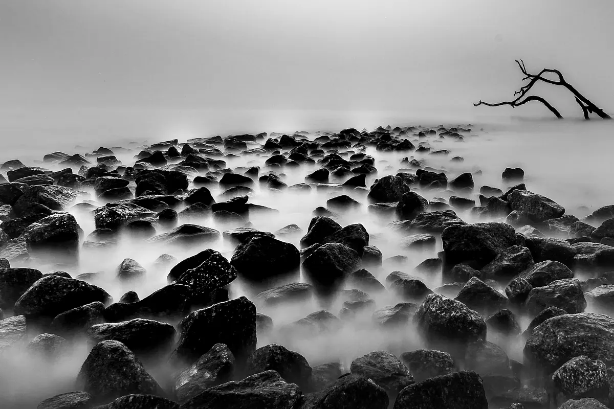 Long exposure black and white image of rocks on a foggy morning at Driftwood Beach, Jekyll Island.