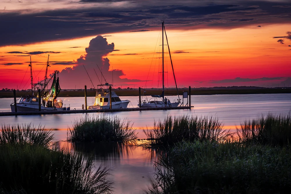 Fishing Boats at Sunset on a Coastal Estuary
