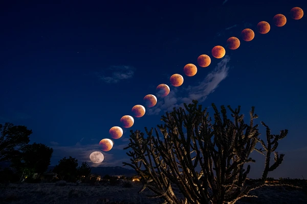 Sequence of lunar eclipse phases over a desert landscape with a cactus silhouette.