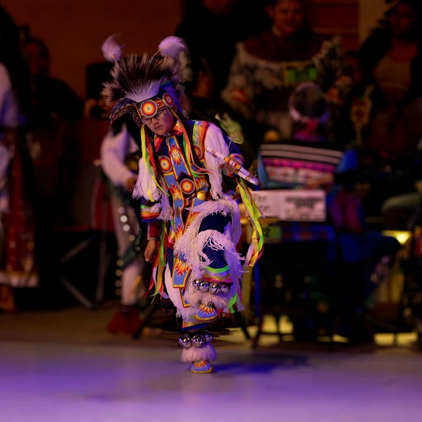 Native American dancer in colorful traditional regalia performing on stage.