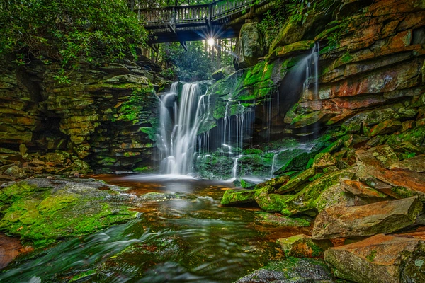 Upper Elakala Falls cascading over mossy rocks in Blackwater State Park, West Virginia.