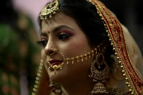Bridal Profile with Gold Nath and Crimson Veil by...