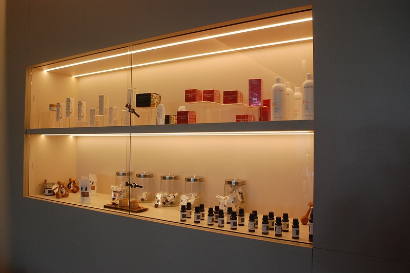 Spa display case of products