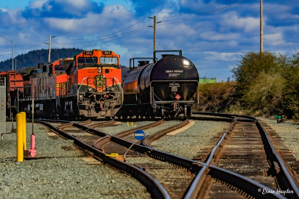 Burlington Northern Engine and Oil Car - Golden Hour - Rising Moon NW Photography 
