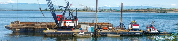 Panorama - American Construction Dredge - Golden Hour - Rising Moon NW Photography 