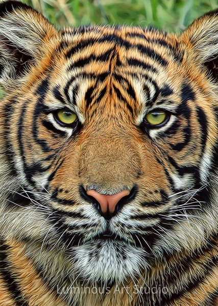 tiger-head-black-white-green-eyes-021 - Wildlife Illustrations - LuminousLight